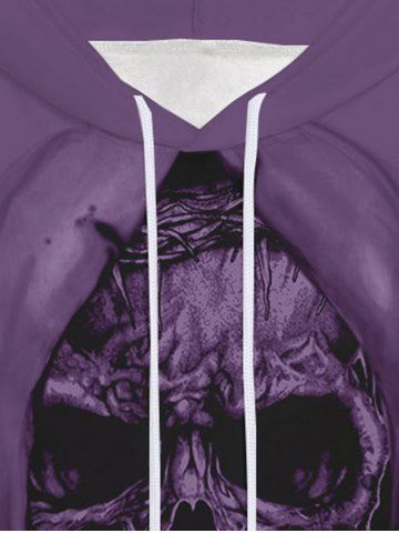 Gothic 3D Ripped Skull Print Pocket Drawstring Halloween Fleece Lining Pullover Hoodie For Men