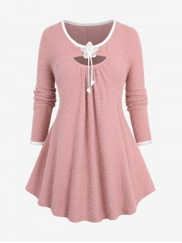 Plus Size Sparkling Glitter Floral Buckle Cut Out Panel Contrast Binding Long Sleeves Fluffy Pullover Knit Sweater - LIGHT PINK - M | US 10