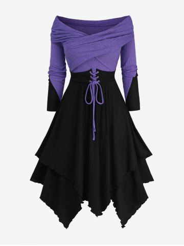 Plus Size Lace Up Two Tone Patchwork Crisscross Panel Asymmetrical Textured Ribbed Sweater Dress