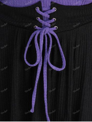 Plus Size Lace Up Two Tone Patchwork Crisscross Panel Asymmetrical Textured Ribbed Sweater Dress