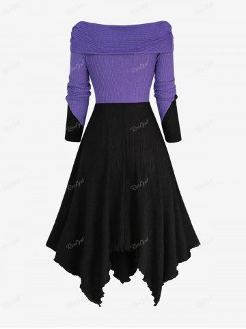 Plus Size Lace Up Two Tone Patchwork Crisscross Panel Asymmetrical Textured Ribbed Sweater Dress