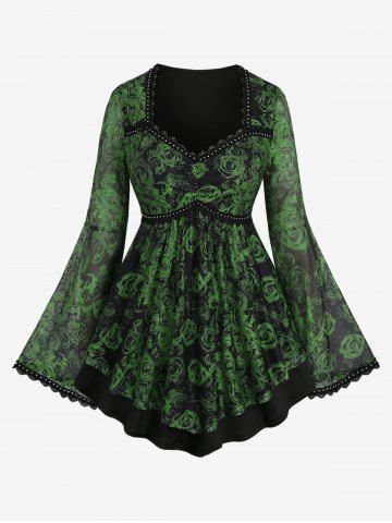 Plus Size Rose Flowers Print Rivet Lace Trim Ruched Patchwork Flare Sleeve Top - GREEN - M | US 10