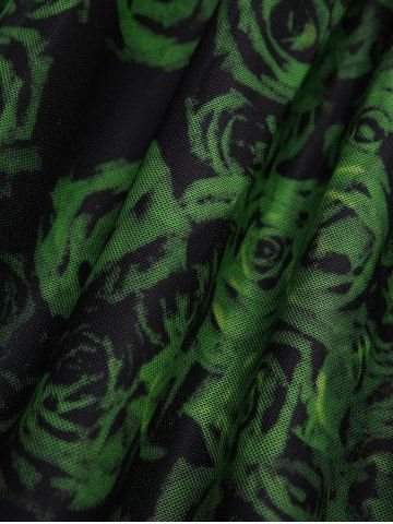 Plus Size Rose Flowers Print Rivet Lace Trim Ruched Patchwork Flare Sleeve Top