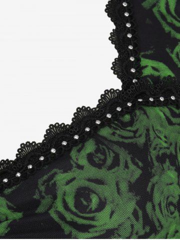 Plus Size Rose Flowers Print Rivet Lace Trim Ruched Patchwork Flare Sleeve Top