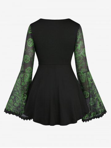 Plus Size Rose Flowers Print Rivet Lace Trim Ruched Patchwork Flare Sleeve Top