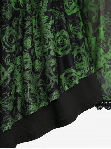 Plus Size Rose Flowers Print Rivet Lace Trim Ruched Patchwork Flare Sleeve Top