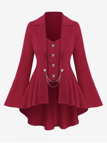 Plus Size Heart Shaped Buttons Chains Panel High Low Textured Flare Sleeve 2 In 1 Blazer - DEEP RED - 1X | US 14-16