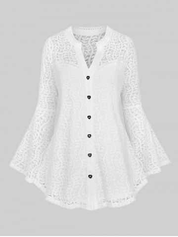 Plus Size Notched Collar Mesh Vine Panel Heart Buttons Flare Sleeves Lace Trim Solid Blouse