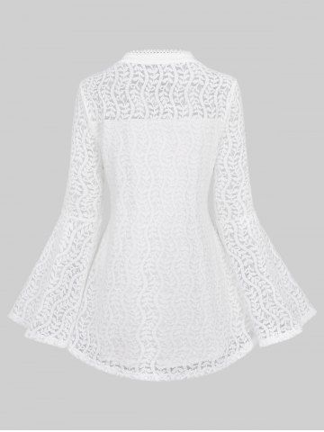 Plus Size Notched Collar Mesh Vine Panel Heart Buttons Flare Sleeves Lace Trim Solid Blouse