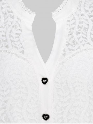 Plus Size Notched Collar Mesh Vine Panel Heart Buttons Flare Sleeves Lace Trim Solid Blouse