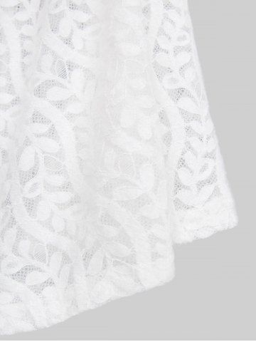 Plus Size Notched Collar Mesh Vine Panel Heart Buttons Flare Sleeves Lace Trim Solid Blouse