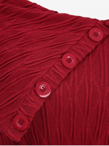 Plus Size Split Turn Down Collar Buttons Textured Floral Buckle Belt Flare Sleeve Cable Knit Sweater