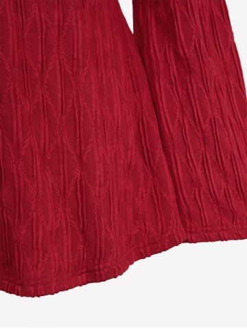 Plus Size Split Turn Down Collar Buttons Textured Floral Buckle Belt Flare Sleeve Cable Knit Sweater