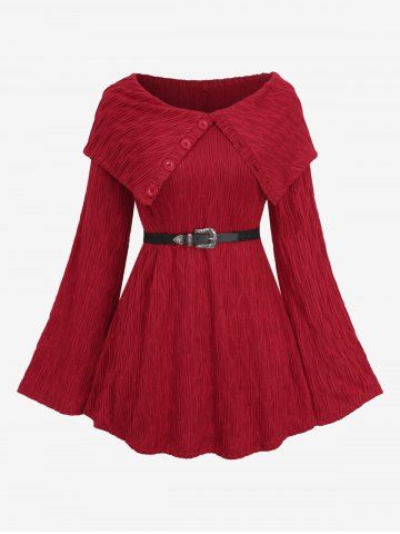 Plus Size Split Turn Down Collar Buttons Textured Floral Buckle Belt Flare Sleeve Cable Knit Sweater - DEEP RED - 4X | US 26-28