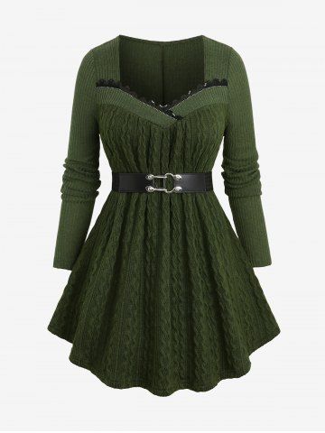 Plus Size Rhinestone Lace Trim Ruffles Belt Cable Knit Ribbed Textured Sweater - DEEP GREEN - M | US 10