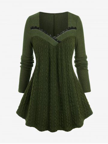 Plus Size Rhinestone Lace Trim Ruffles Belt Cable Knit Ribbed Textured Sweater