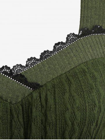 Plus Size Rhinestone Lace Trim Ruffles Belt Cable Knit Ribbed Textured Sweater