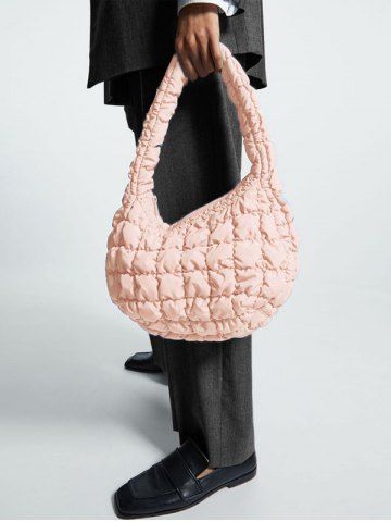 Women's Daily Solid Color Bubble Textured Quilted Puffer Design Shoulder Bag - LIGHT PINK