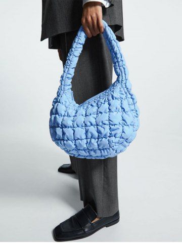 Women's Daily Solid Color Bubble Textured Quilted Puffer Design Shoulder Bag - CRYSTAL BLUE