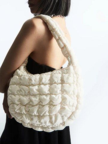 Women's Daily Solid Color Bubble Textured Quilted Puffer Design Shoulder Bag - WHITE