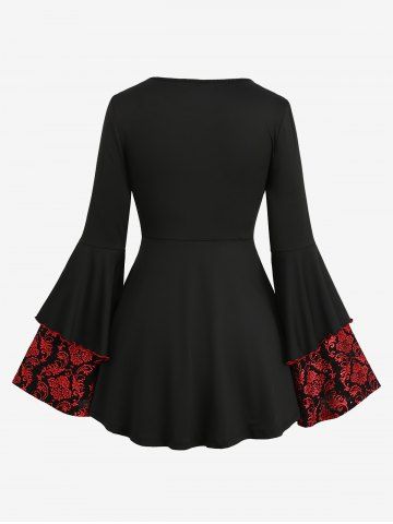 Gothic Plus Size Sparkling Sequin Floral Stamping Glitter Knitted Patchwork Cinched Ruffles Flare Sleeve Top
