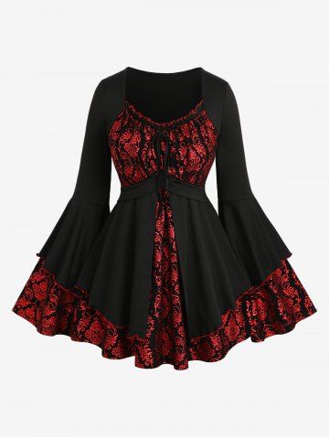 Gothic Plus Size Sparkling Sequin Floral Stamping Glitter Knitted Patchwork Cinched Ruffles Flare Sleeve Top - DEEP RED - M | US 10