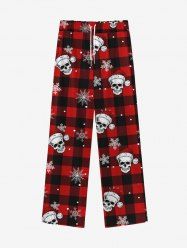 Gothic Christmas Hat Skull Snowflake Plaid Print Drawstring Wide Leg Sweatpants For Men -  