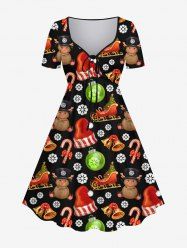 Plus Size Christmas Tree Hat Bear Ball Candy Snowflake Sled Print Cinched Dress -  