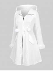 Plus Size Full Zipper Mock Pockets Fur Trim Heart Embossed Textured Hooded Solid Long Sleeves Patchwork Drawstring Coat -  