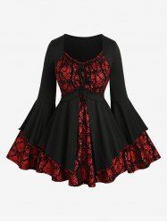 Gothic Plus Size Sparkling Sequin Floral Stamping Glitter Knitted Patchwork Cinched Ruffles Flare Sleeve Top -  