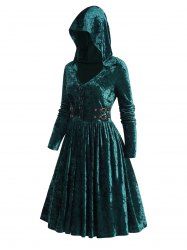 Mock Button Buckle Strap Velour Hooded Dress -  