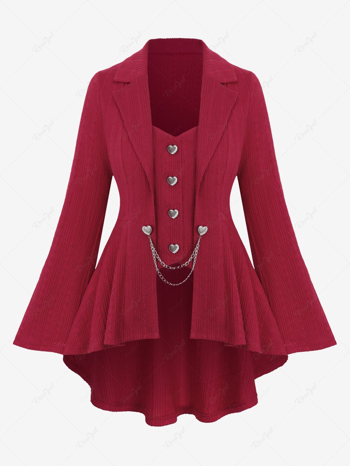 Discount Plus Size Heart Shaped Buttons Chains Panel High Low Textured Flare Sleeve 2 In 1 Blazer  