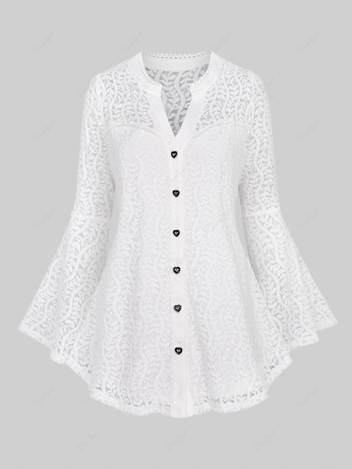 Fashion Plus Size Notched Collar Mesh Vine Panel Heart Buttons Flare Sleeves Lace Trim Solid Blouse  