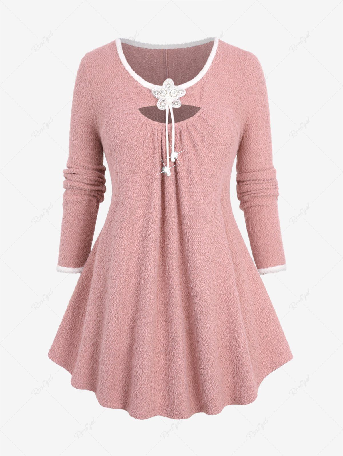 Outfit Plus Size Sparkling Glitter Floral Buckle Cut Out Panel Contrast Binding Long Sleeves Fluffy Pullover Knit Sweater  