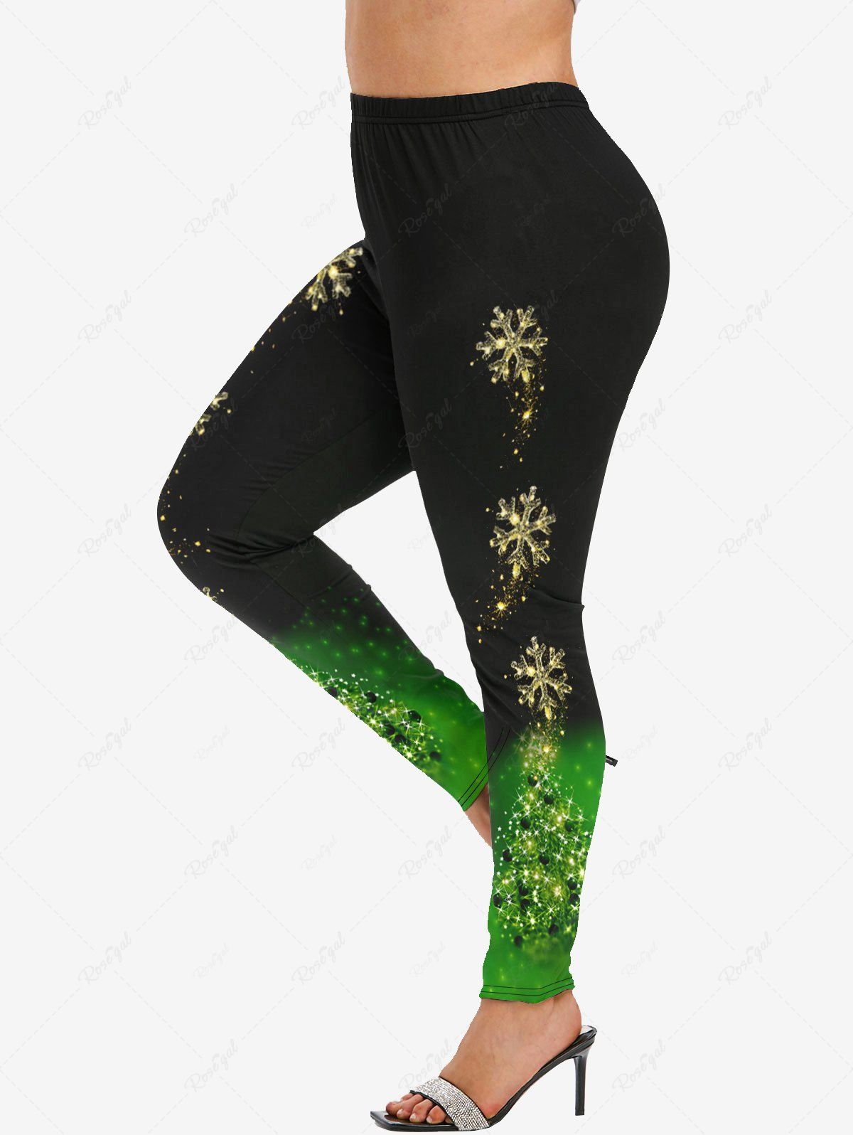 Trendy Plus Size Christmas Tree Snowflake Colorblock Sparkling Sequin Glitter 3D Print Leggings  
