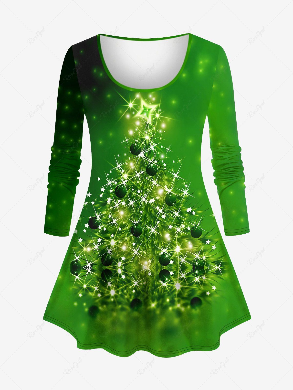 T-shirt Brillant 3D Flocon de Neige et Sapin de Noël Imprimé de Grande Taille à Paillettes Vert 1X