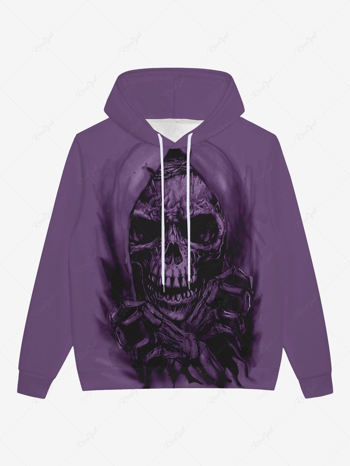 Outfits Gothic 3D Ripped Skull Print Pocket Drawstring Halloween Fleece Lining Pullover Hoodie For Men  