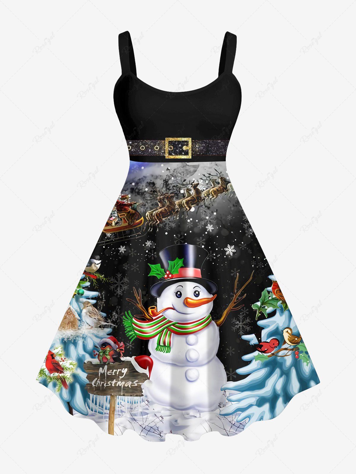 Unique Plus Size Snowflake Snowman Christmas Tree Santa Claus Elk Bird Glitter Buckle Belt Print Ombre A Line Tank Dress  