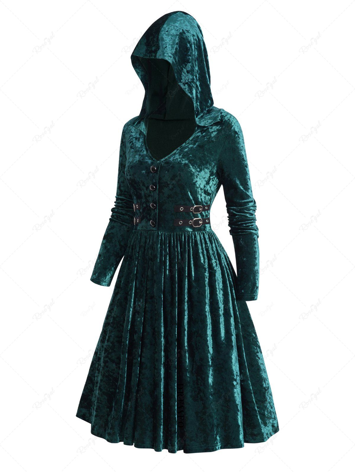 Sale Mock Button Buckle Strap Velour Hooded Dress  