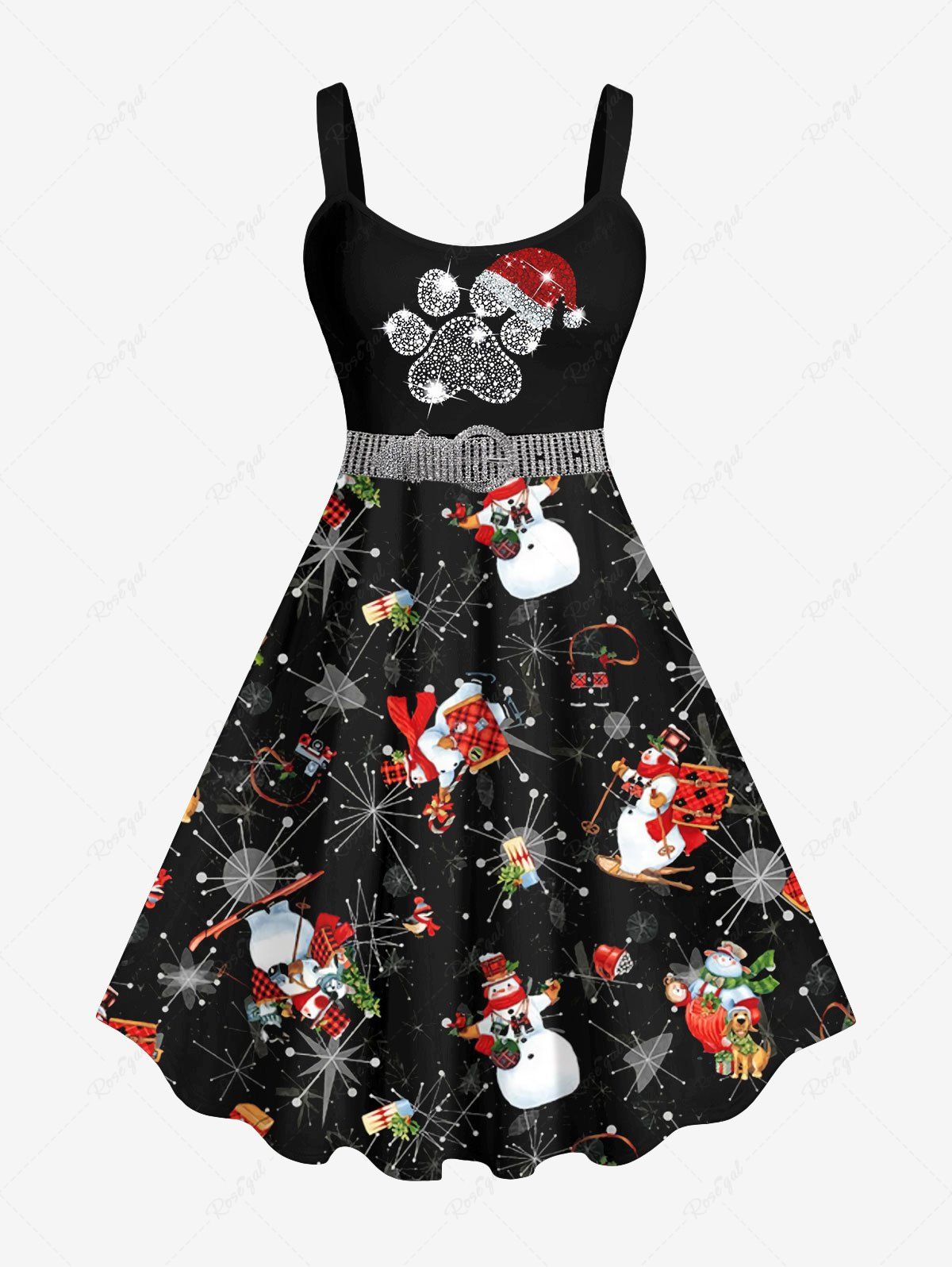 Trendy Plus Size Christmas Hat Cat Claw Galaxy Star Snowman Dog Bag Sparkling Sequin Glitter 3D Print Tank Dress  