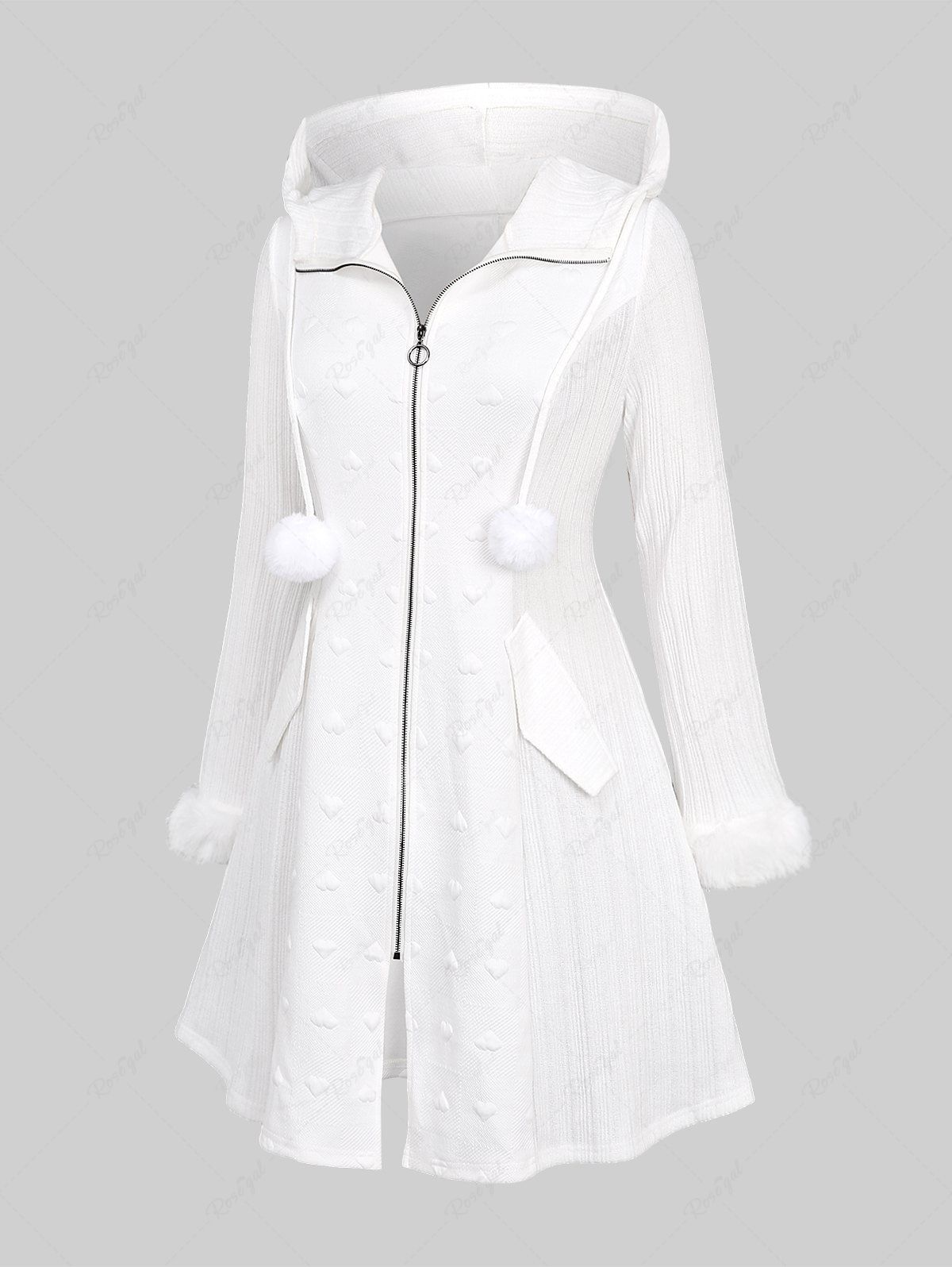 Sale Plus Size Full Zipper Mock Pockets Fur Trim Heart Embossed Textured Hooded Solid Long Sleeves Patchwork Drawstring Coat  