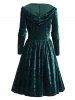 Mock Button Buckle Strap Velour Hooded Dress -  