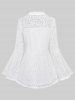 Plus Size Notched Collar Mesh Vine Panel Heart Buttons Flare Sleeves Lace Trim Solid Blouse -  
