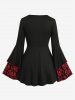 Gothic Plus Size Sparkling Sequin Floral Stamping Glitter Knitted Patchwork Cinched Ruffles Flare Sleeve Top -  