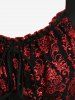 Gothic Plus Size Sparkling Sequin Floral Stamping Glitter Knitted Patchwork Cinched Ruffles Flare Sleeve Top -  
