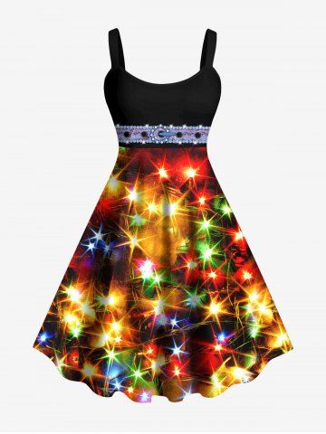 Plus Size Buckle Belt Grommets Stars Glitter Sparkling Sequin 3D Print Tank Party Dress - MULTI-A - XS