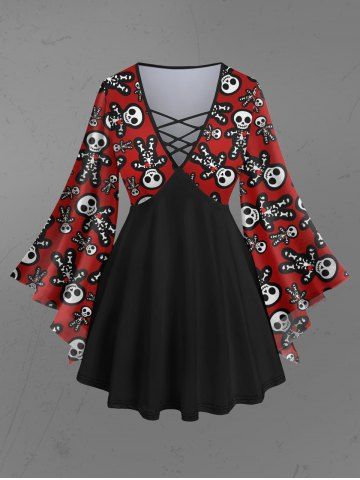 Gothic Cute Skull Skeleton Gingerbread Heart Print Christmas Flare Sleeves Lattice Blouse - RED - XS