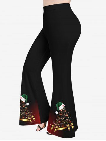 Plus Size Christmas Hat Tree Light Glitter 3D Print Flare Pants - BLACK - S