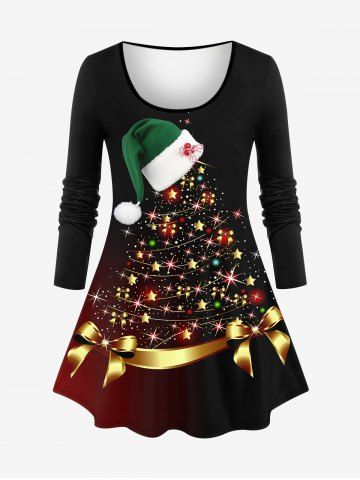 T-shirt Brillant 3D Etoile Sapin de Noël et Ruban Imprimés Grande Taille à Paillettes - BLACK - 2X