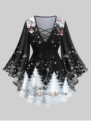 Plus Size Christmas Tree Ball Stocking Snowflake Print Flare Sleeves Lattice Top - BLACK - S